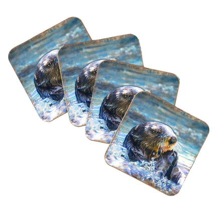 Otter Coastal Wooden Cork Coasters Gift Set of 4 by Nature Wonders - Coastal Sea-Life Decor - 95239C-S4-4