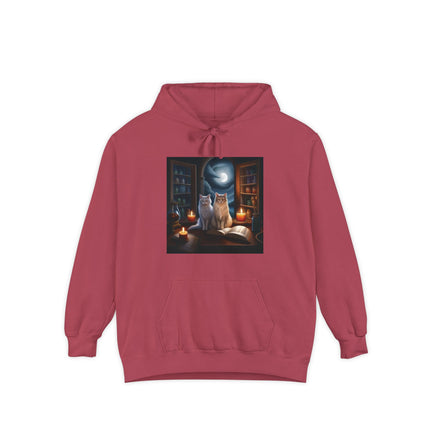 Mystic Cat Library Hoodie — Moonlit Cats, Candles & Spellbook Graphic Hoodie
