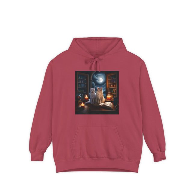 Mystic Cat Library Hoodie — Moonlit Cats, Candles & Spellbook Graphic Hoodie