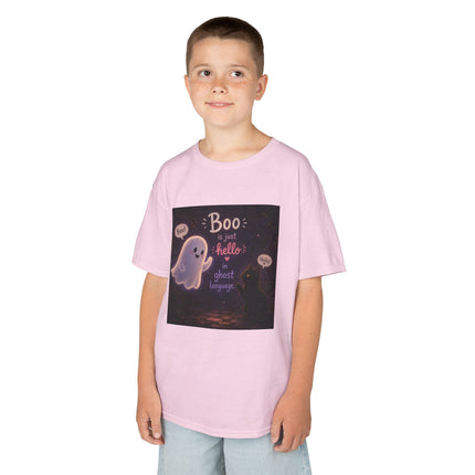 Kids Halloween Tee — "Boo: Hello Ghost Language" Cute Ghost Shirt
