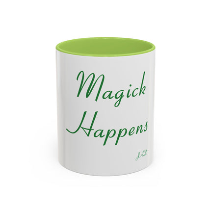 Magick Happens Coffee Mug — Witchy Green Script Accent Mug (11/15oz)