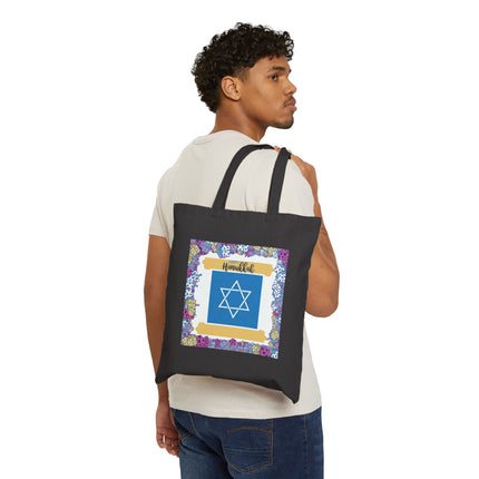Happy Hanukkah Cotton Canvas Tote Bag — Colorful Dreidel Border & Star of David