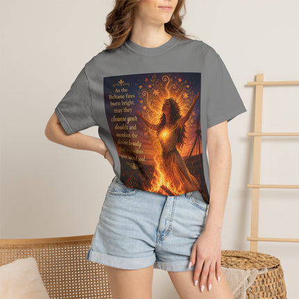 Burning Bright: Beltane Fire Goddess T-Shirt — "As the Beltane fires burn bright" Spiritual Pagan Tee