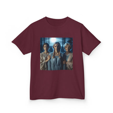 Triple Goddess Kids Tee – Mystical Sisters Graphic Cotton Shirt