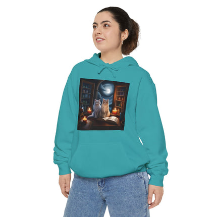 Mystic Cat Library Hoodie — Moonlit Cats, Candles & Spellbook Graphic Hoodie