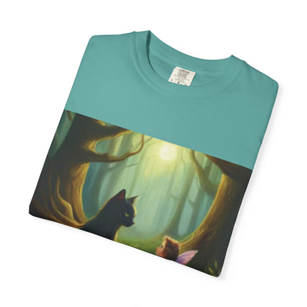 Fairy and Black Cat Forest T-Shirt — Enchanted Woodland Magic Tee