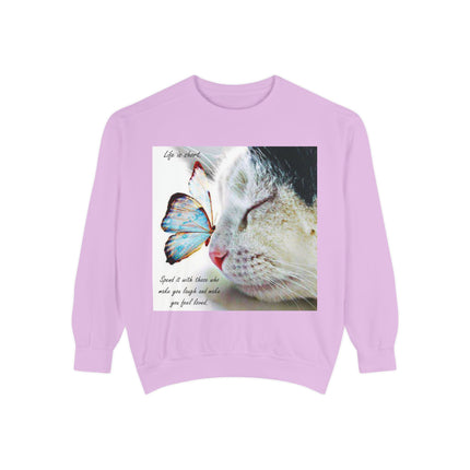 Life is Short Cat & Butterfly Unisex Garment-Dyed Sweatshirt