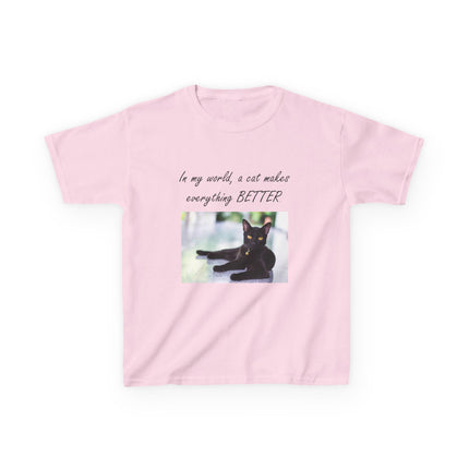 Kids Cat Lover Tee – “A Cat Makes Everything Better” – Heavy Cotton