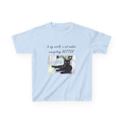 Kids Cat Lover Tee – “A Cat Makes Everything Better” – Heavy Cotton