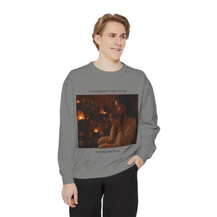Cozy Candlelit Photo Sweatshirt — "Cacao doesn't wake me up... it brings me home"
