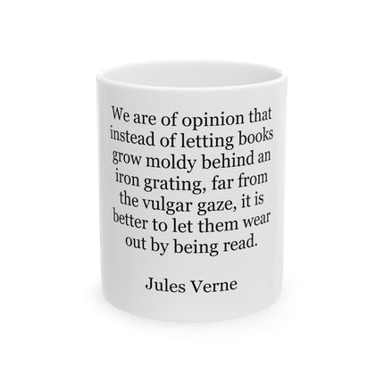 Glossy white ceramic book‑lover mug featuring a minimalist, text‑only Jules Verne quote.