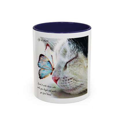 Cat & Butterfly Coffee Mug with 'Life is Short' Inspirational Quote (Accent, 11/15oz)