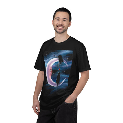 Moonlight Cats Graphic T‑Shirt — Romantic Crescent Moon Art Tee