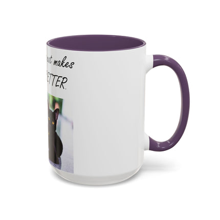 Black Cat Accent Ceramic Mug – “A Cat Makes Everything Better” – 15oz