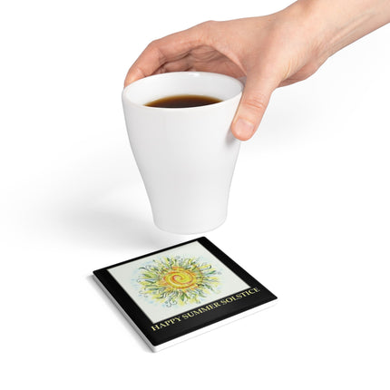 Happy Summer Solstice Ceramic Coaster – Vibrant Sun Design