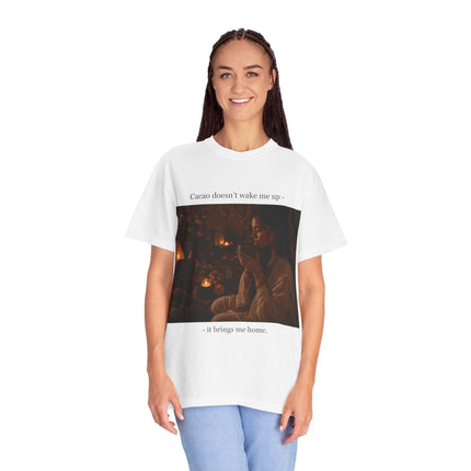 Cacao Doesn't Wake Me Up T-Shirt — Cozy Candlelit Illustration Tee