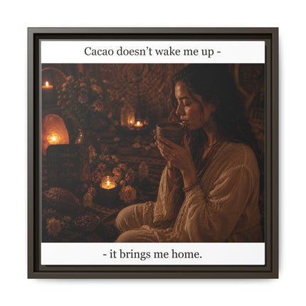 Framed matte canvas featuring a warm, firelit scene of a woman holding a steaming cacao cup