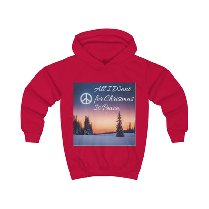 Kids hoodie with snowy evergreen landscape, peace symbol, and the quote “All I want for Christmas is peace”