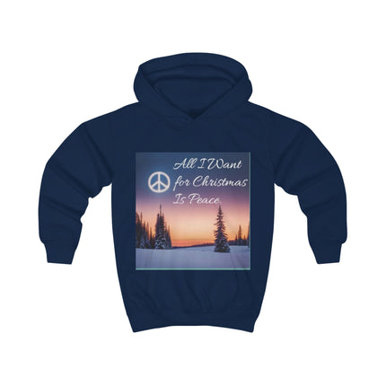 Kids Hoodie — "All I Want for Christmas Is Peace" Holiday Peace Sign Winter Scene