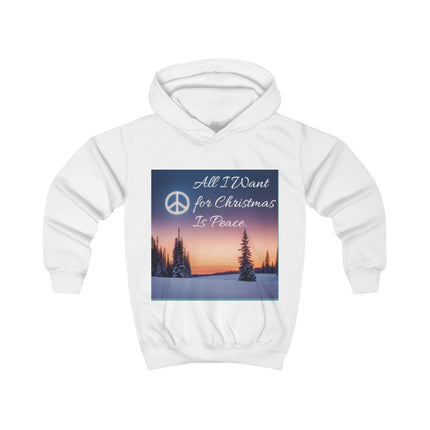 Kids Hoodie — "All I Want for Christmas Is Peace" Holiday Peace Sign Winter Scene