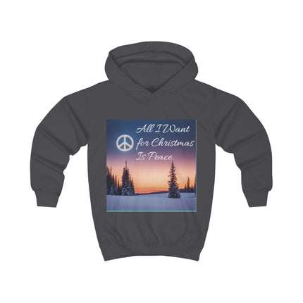 Kids Hoodie — "All I Want for Christmas Is Peace" Holiday Peace Sign Winter Scene