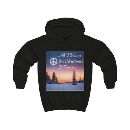 Kids Hoodie — "All I Want for Christmas Is Peace" Holiday Peace Sign Winter Scene
