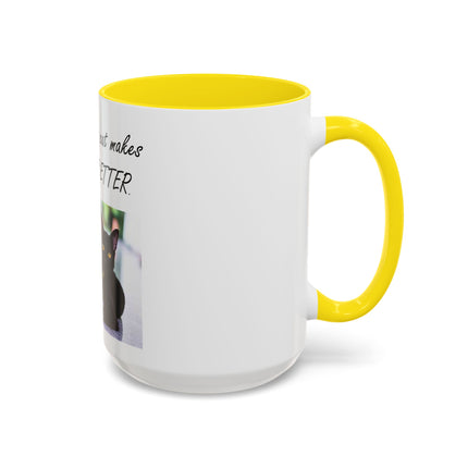 Cat Lover Accent Coffee Mug — "In my world, a cat makes everything BETTER" (11/15oz)