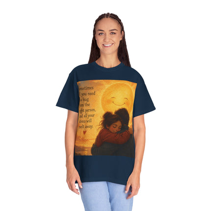 Hug Melt Away T-Shirt — Warm Sunset Illustration & Quote
