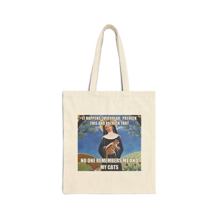 Tote Bag — Funny 'No One Remembers Me and My Cats' Vintage Saint Cat Meme Canvas Tote