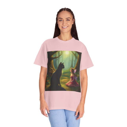 Fairy and Black Cat Forest T-Shirt — Enchanted Woodland Magic Tee