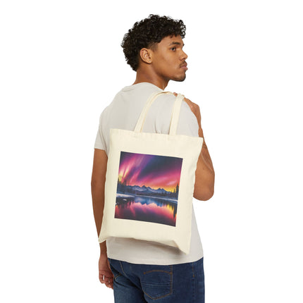 Aurora Night Sky Canvas Tote — Colorful Northern Lights Landscape Tote Bag
