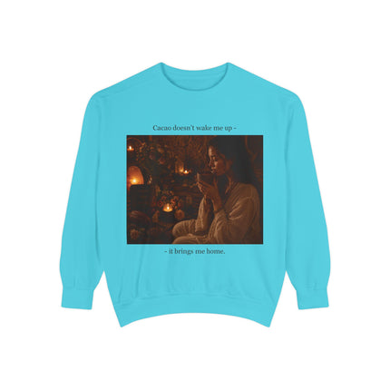 Cozy Candlelit Photo Sweatshirt — "Cacao doesn't wake me up... it brings me home"