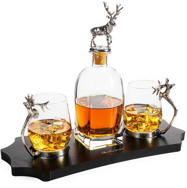 Stag Antler Decanter Set with 2 Stag Glasses - Antique Pewter Whiskey Decanter Set Elegant Liquor Decanter Gift Set for Bar by The Wine Savant - Luxury Decanter for Bourbon, Scotch, or Whiskey 750ml-0