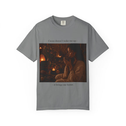 Cacao Doesn't Wake Me Up T-Shirt — Cozy Candlelit Illustration Tee