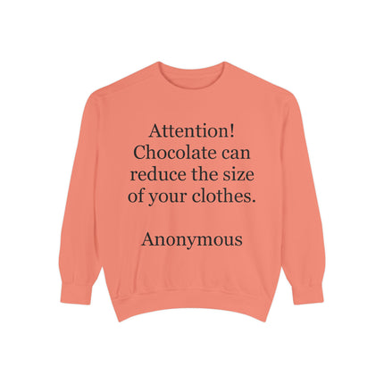 Sweatshirt — "Attention! Chocolate can reduce the size of your clothes. — Anonymous"