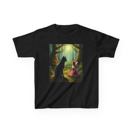 Enchanted Forest Kids Tee – Magical Fairy & Black Cat Design