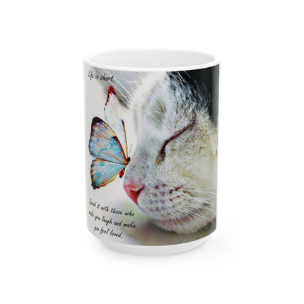 Inspirational Cat & Butterfly Ceramic Mug - 15oz