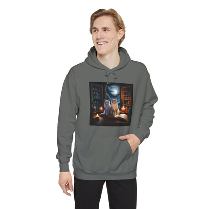 Mystic Cat Library Hoodie — Moonlit Cats, Candles & Spellbook Graphic Hoodie