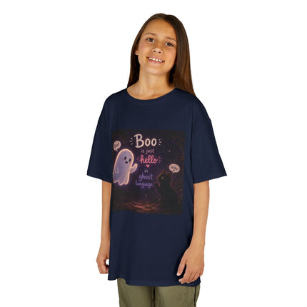Kids Halloween Tee — "Boo: Hello Ghost Language" Cute Ghost Shirt