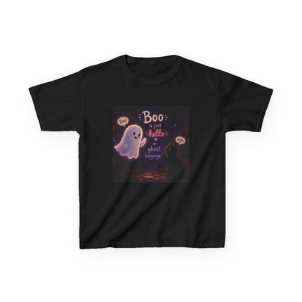 Kids Halloween Tee — "Boo: Hello Ghost Language" Cute Ghost Shirt