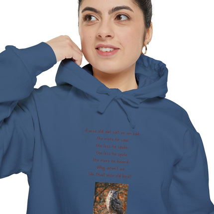 Poetic Owl Hoodie — White Sweatshirt with Verse and Owl Art