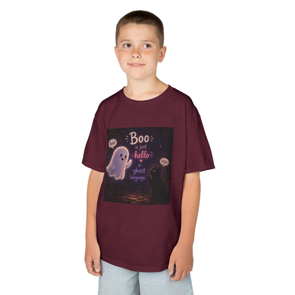 Kids Halloween Tee — "Boo: Hello Ghost Language" Cute Ghost Shirt