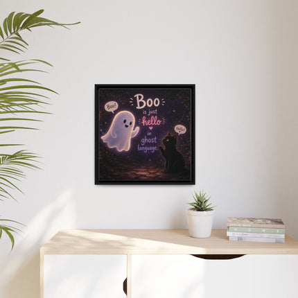 Framed Canvas Art - "Boo is Just Hello" Cute Ghost & Black Cat Halloween Print