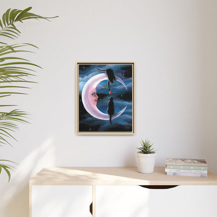 Framed Matte Canvas Moon Cats Wall Art — Whimsical Night Sky Print
