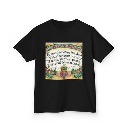 Blessed Holiday Kids Tee – Heart & Crown Celtic-Inspired Winter Shirt