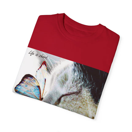 Inspirational Cat & Butterfly T-Shirt | Life is Short Quote