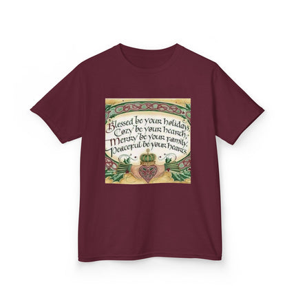 Blessed Holiday Kids Tee – Heart & Crown Celtic-Inspired Winter Shirt