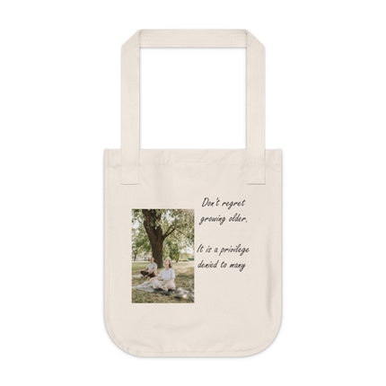 Organic Canvas Tote – Aging with Grace Quote & Yoga Art