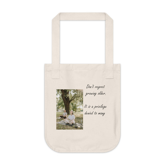 Organic Canvas Tote – Aging with Grace Quote & Yoga Art