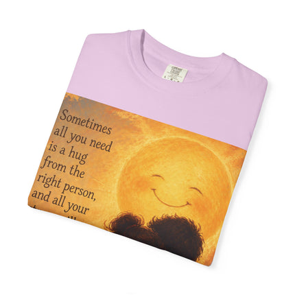 Hug Melt Away T-Shirt — Warm Sunset Illustration & Quote